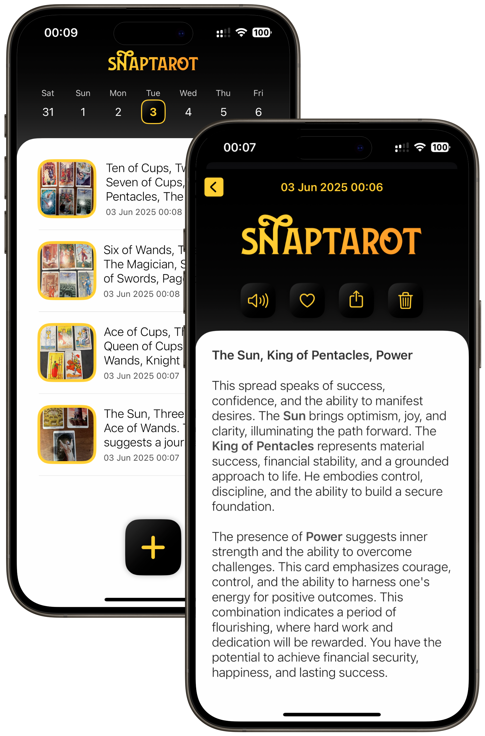 Mockup dell'app SnapTarot su iPhone che mostra l'interpretazione delle carte